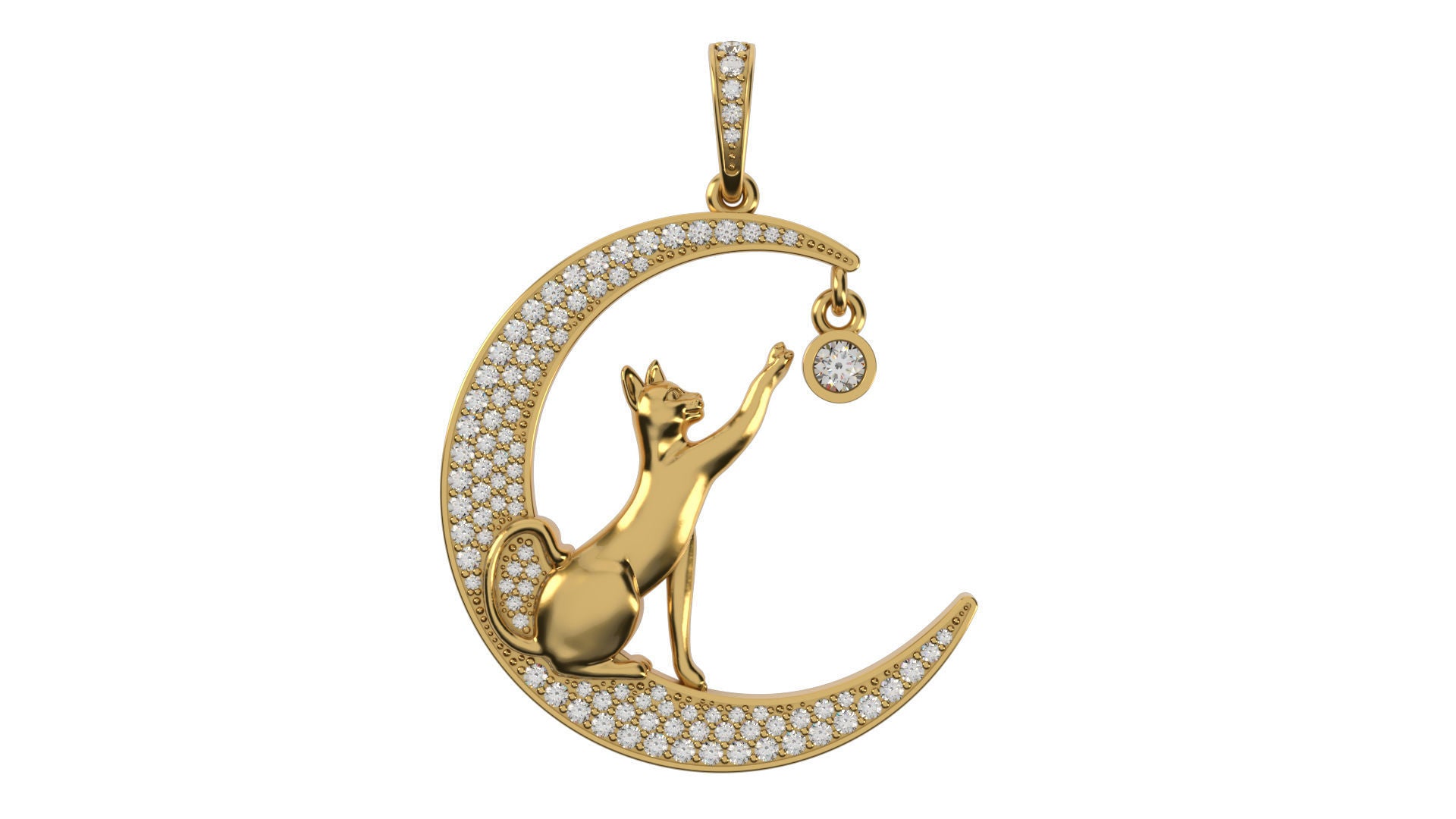 14k Gold Cat and Moon Pendant Necklace