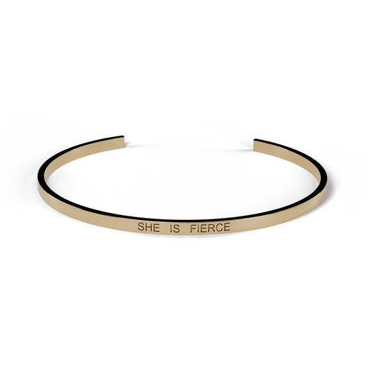 Engravable cuff bracelet in Yellow gold, engraved SHE IS FIERCE