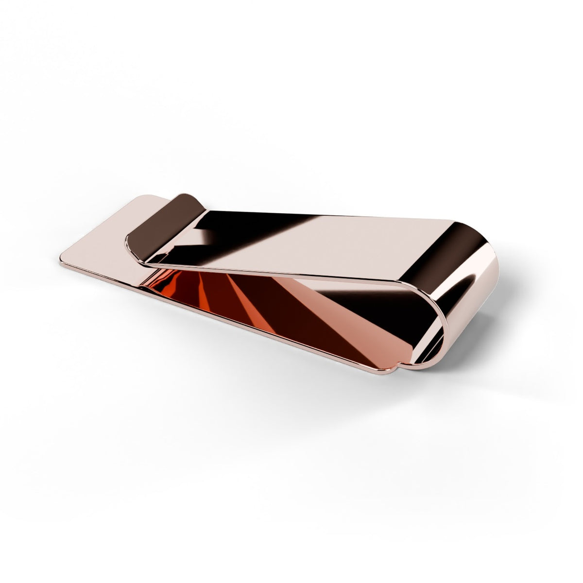 Rose gold money clip, angled view