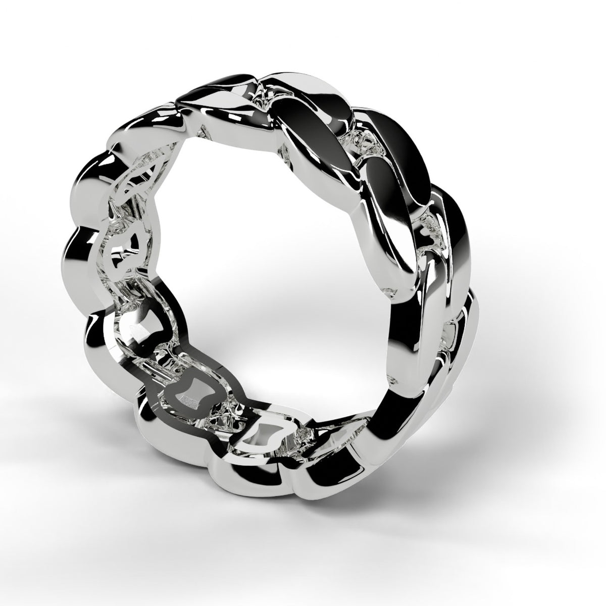 White gold Cuban link ring, angle view