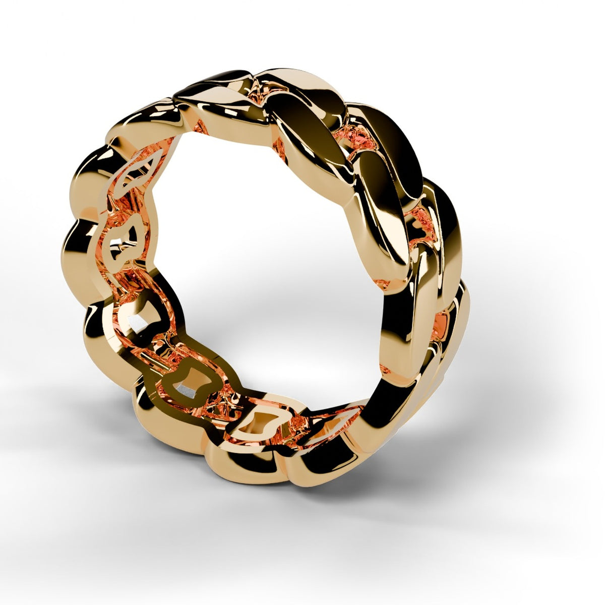 Yellow gold Cuban link ring, angle view