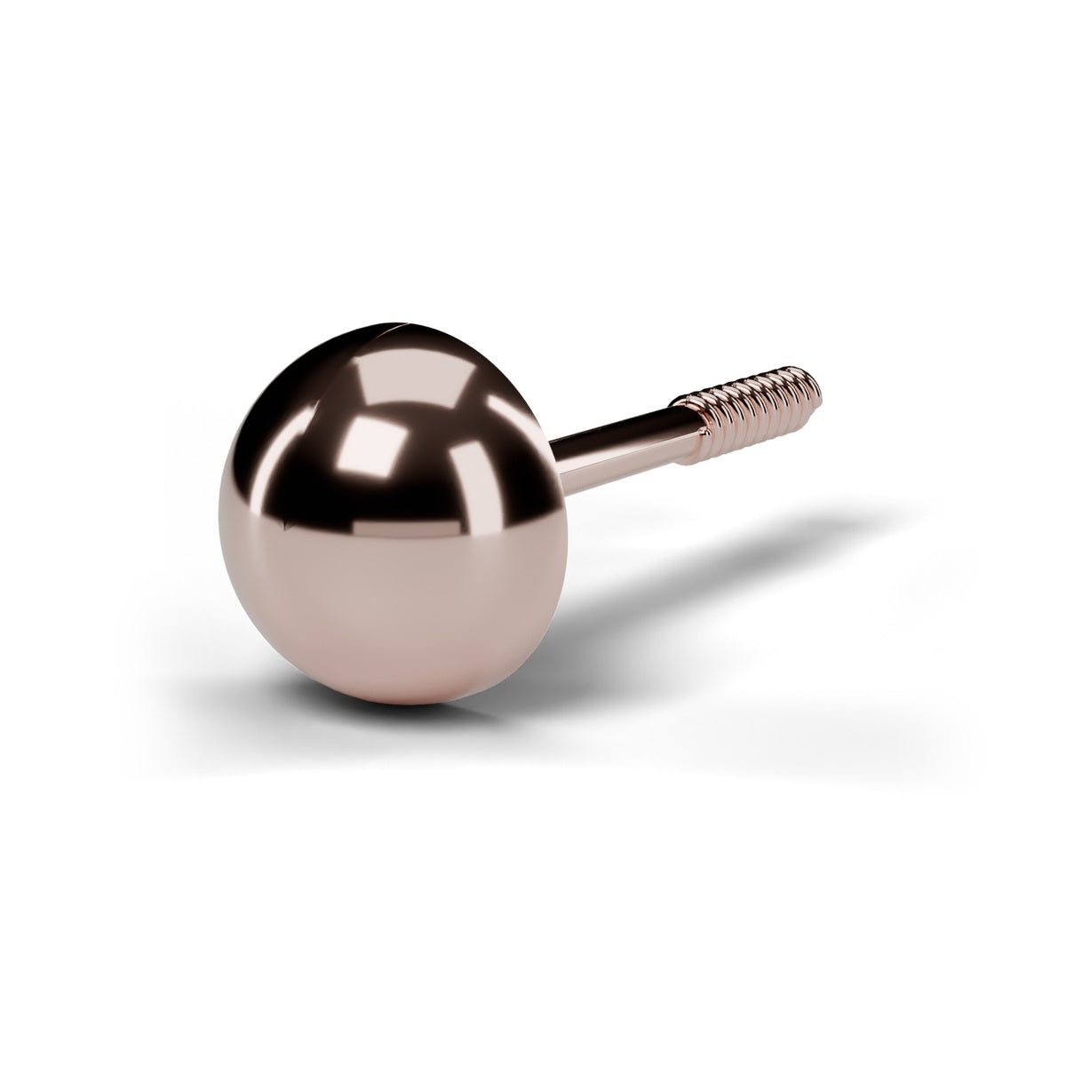 Half ball stud earring in rose gold, angled view with screw back post