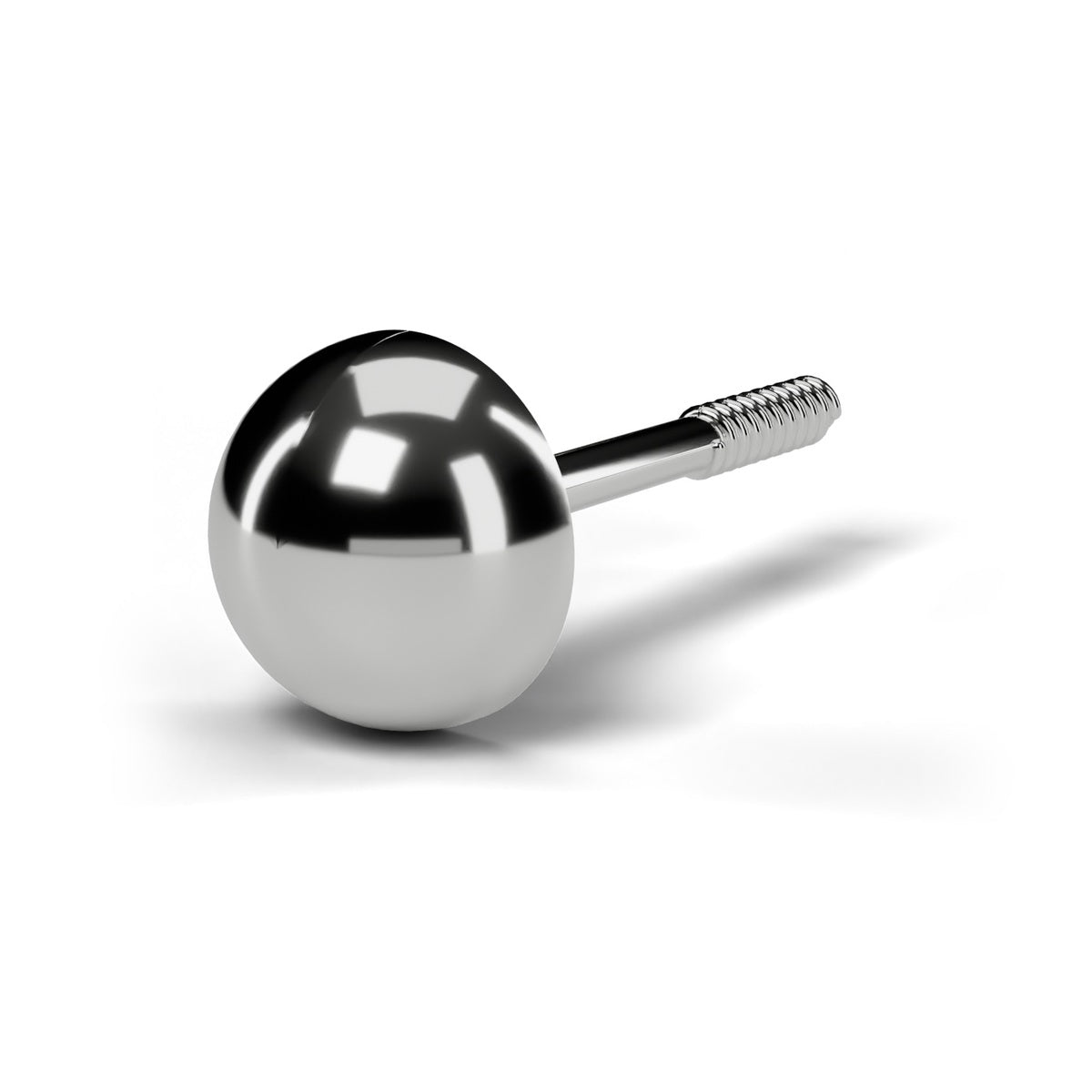 Half ball stud earring in white gold, angled view with screw back post