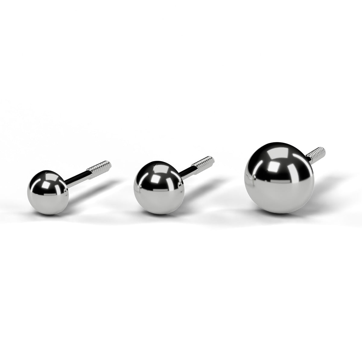 Half ball stud earrings in white gold, 5mm, 6mm and 8mm sizes
