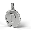 Diamond initial D medallion pendant in 14K white gold, angled view