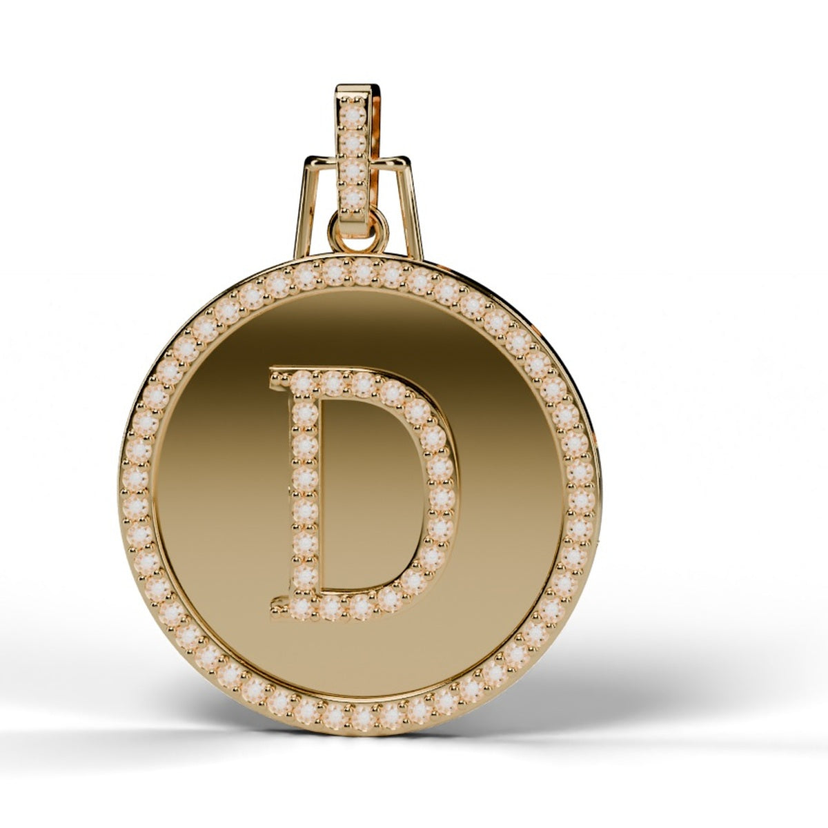 Diamond initial D medallion pendant in 14K yellow gold, front view