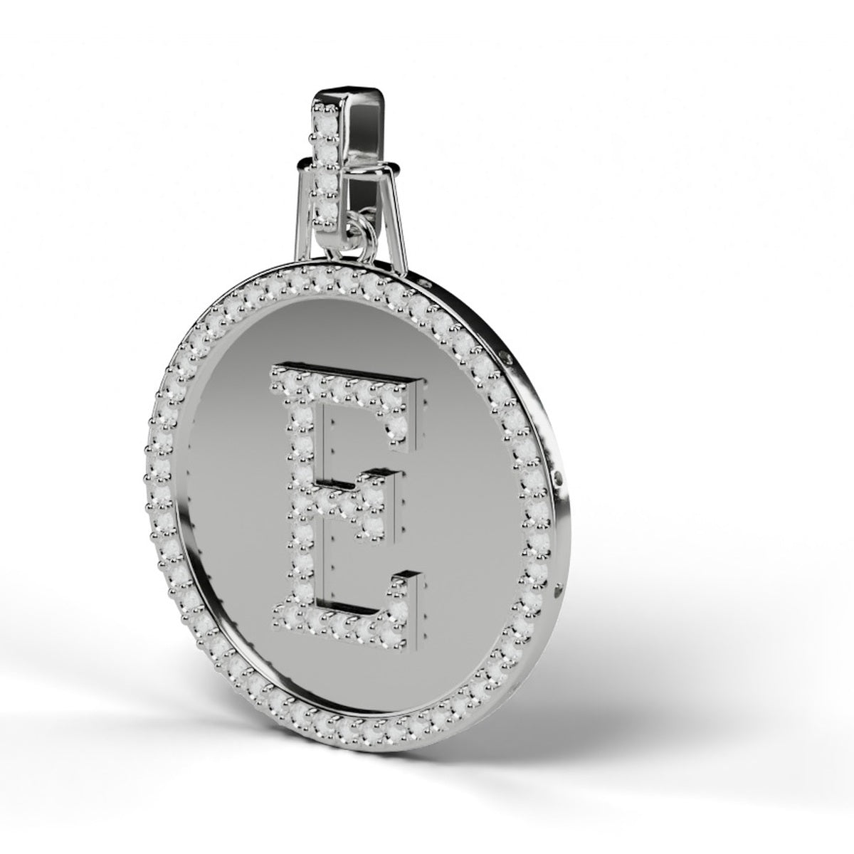 Diamond initial E medallion pendant in 14K white gold, angled view