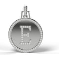 Diamond initial E medallion pendant in 14K white gold, front view