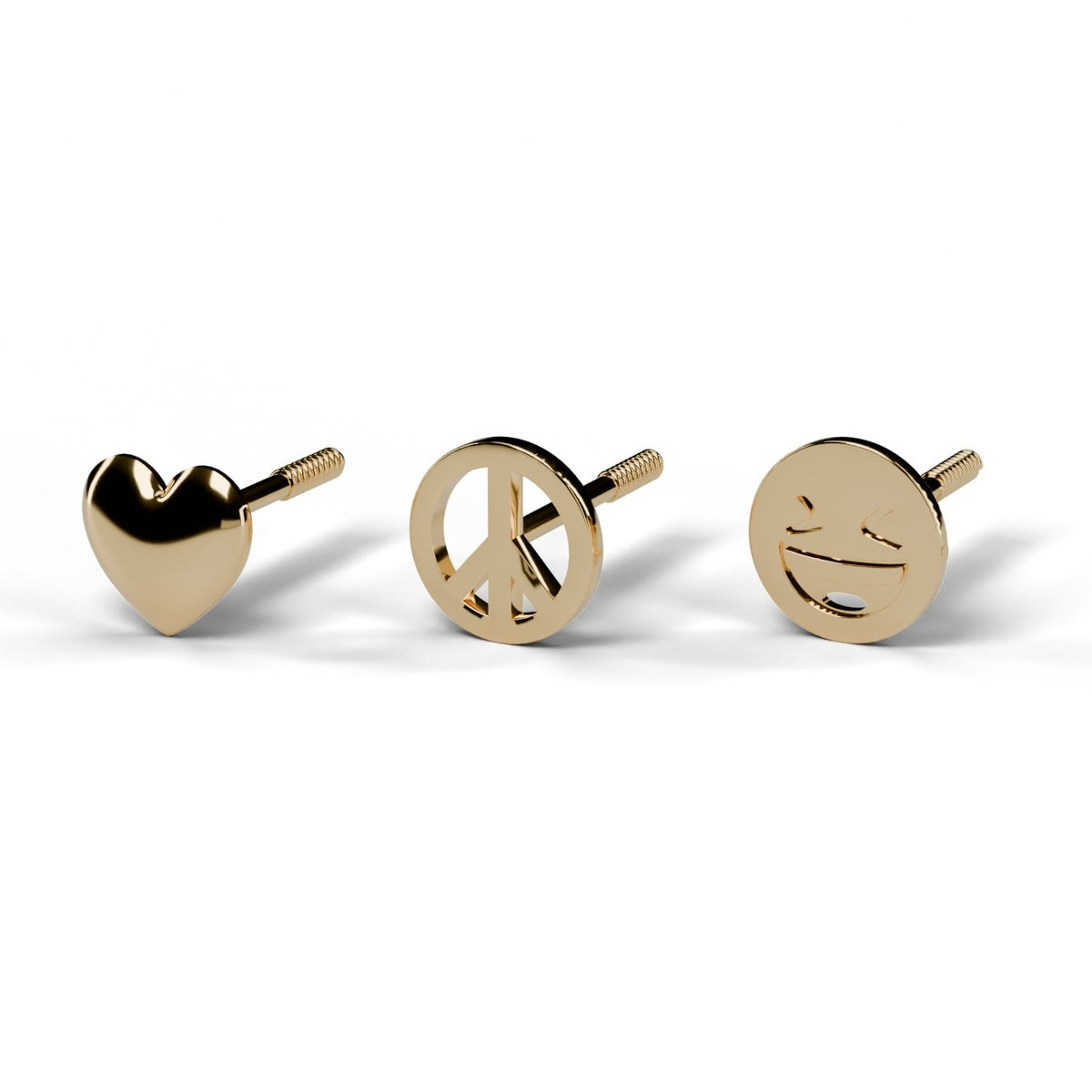 Love, Peace & Happiness stud earring set in 14K yellow gold: heart, peace sign and smiley