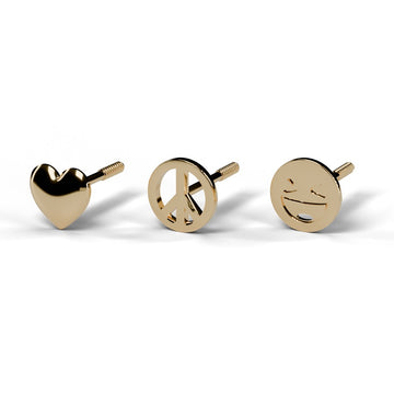 Love, Peace & Happiness stud earring set in 14K yellow gold: heart, peace sign and smiley