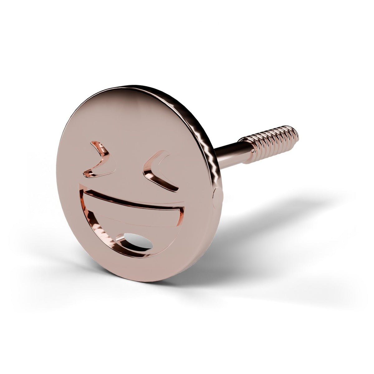 Smiley face stud earring in 14K rose gold, angled view