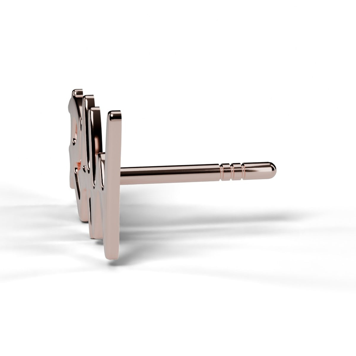 RAW bubble letter stud earring in rose gold, side view showing post