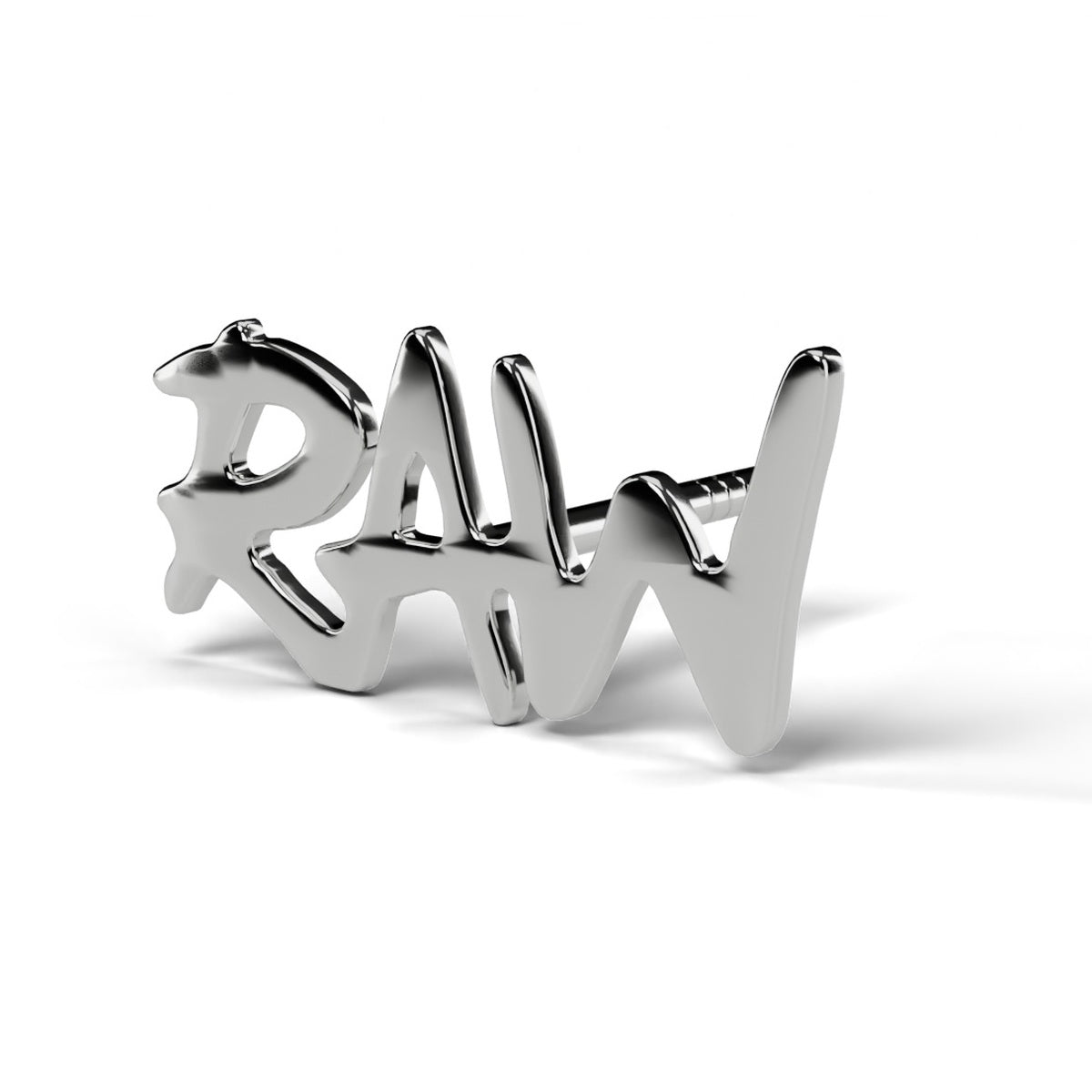 RAW bubble letter stud earring in white gold, angled view