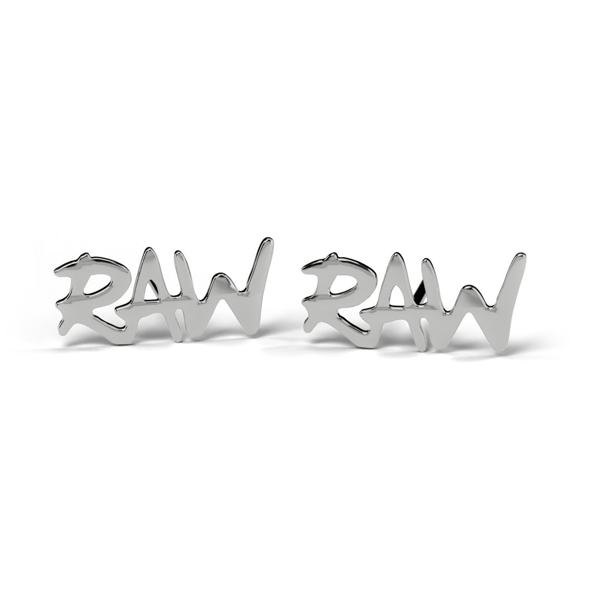 RAW bubble letter stud earrings in white gold, pair