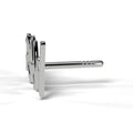 RAW bubble letter stud earring in white gold, side view showing post
