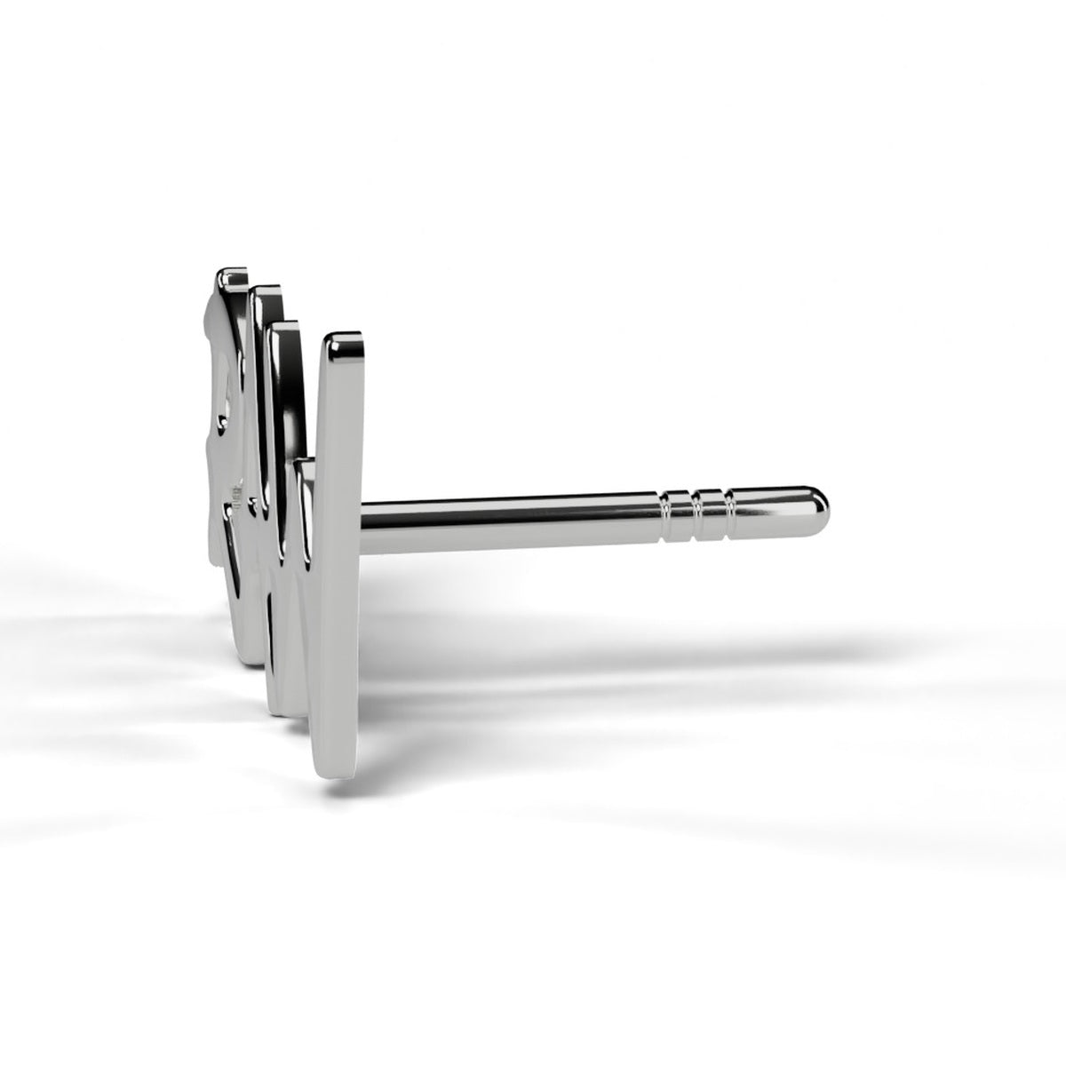 RAW bubble letter stud earring in white gold, side view showing post