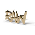 RAW bubble letter stud earring in yellow gold, angled view