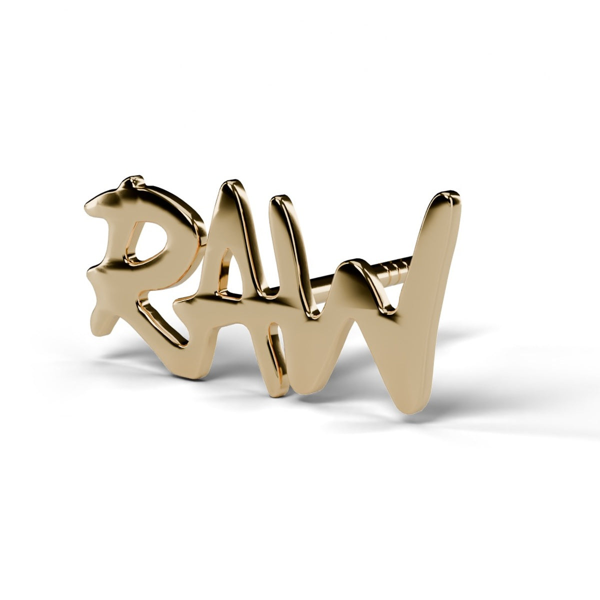 RAW bubble letter stud earring in yellow gold, angled view