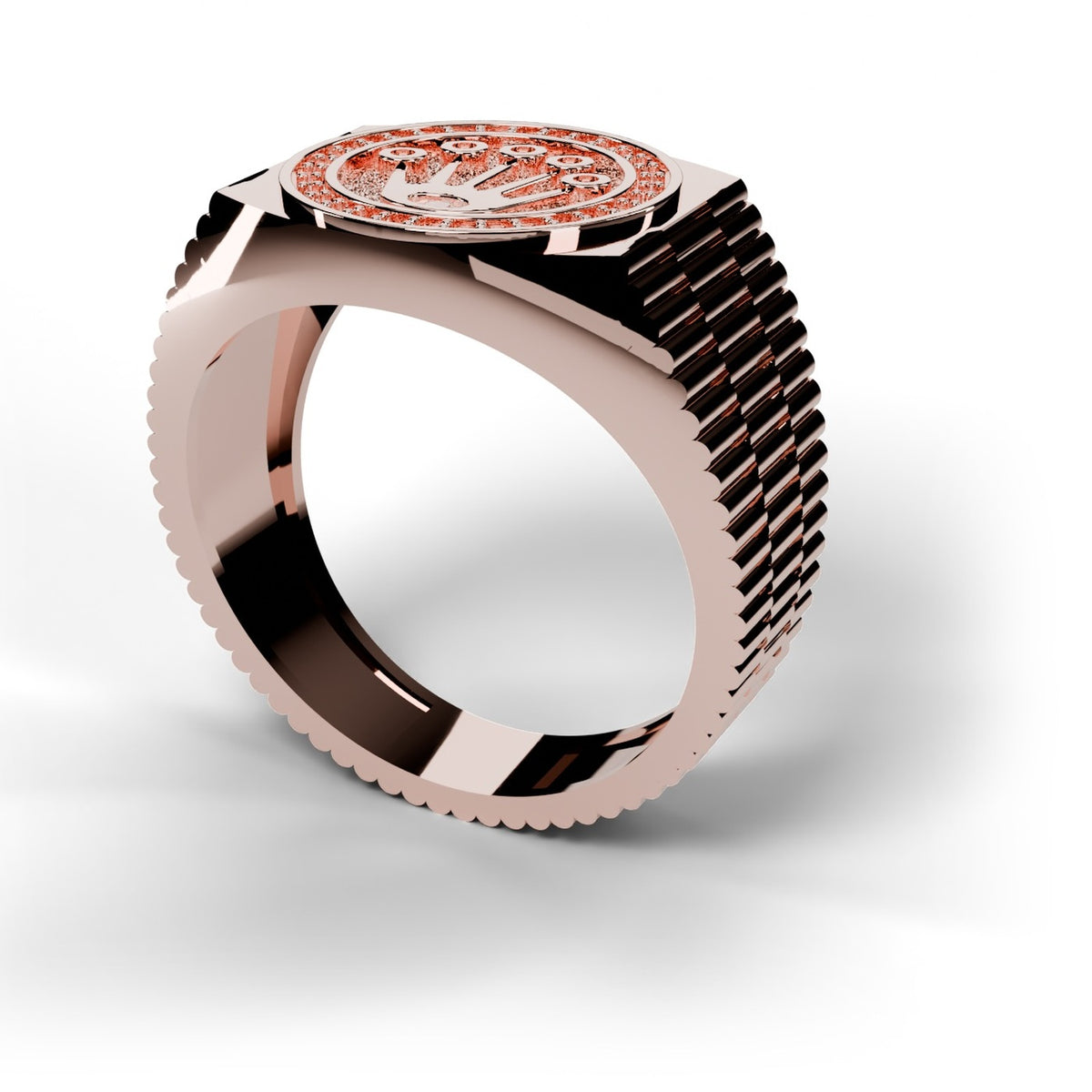Rose gold Rolex style diamond ring, angle view