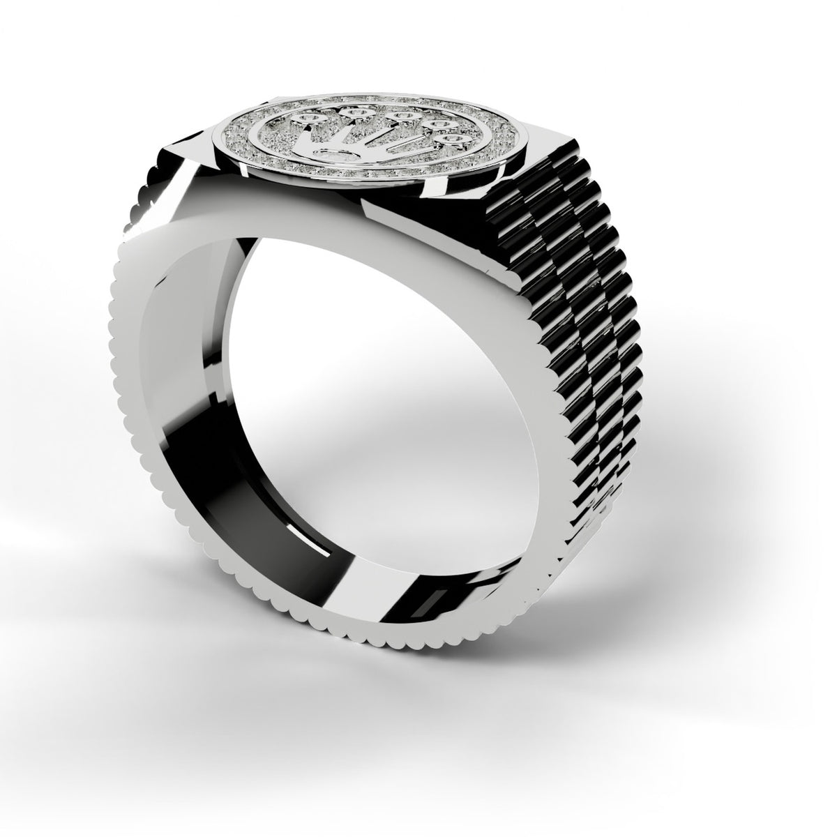 White gold Rolex style diamond ring, angle view