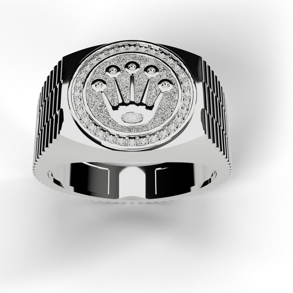 White gold Rolex style diamond ring, front view