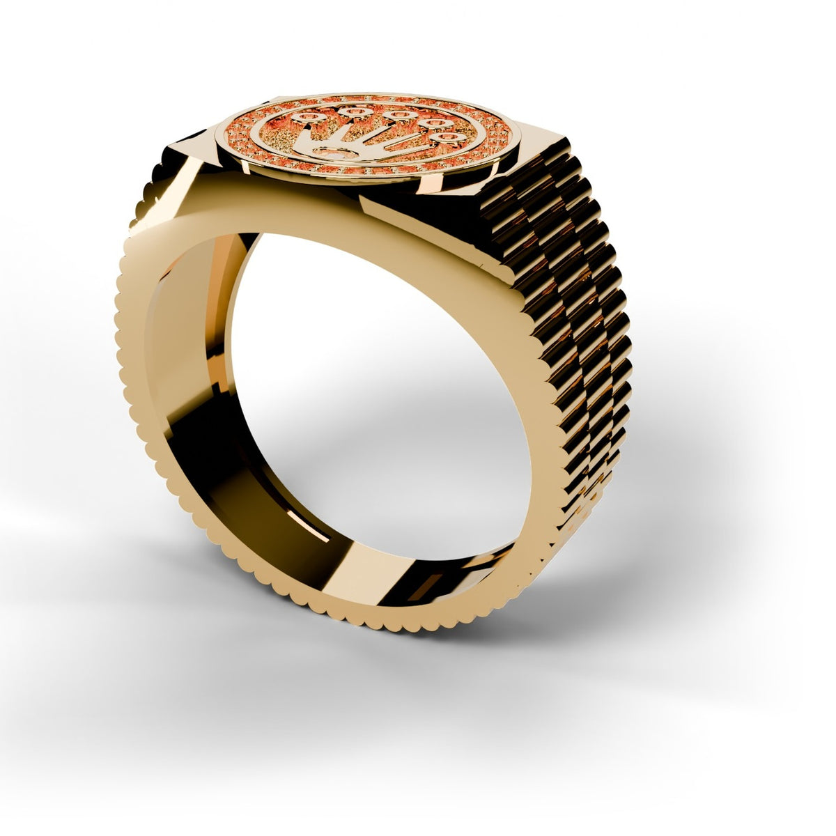 Yellow gold Rolex style diamond ring, angle view