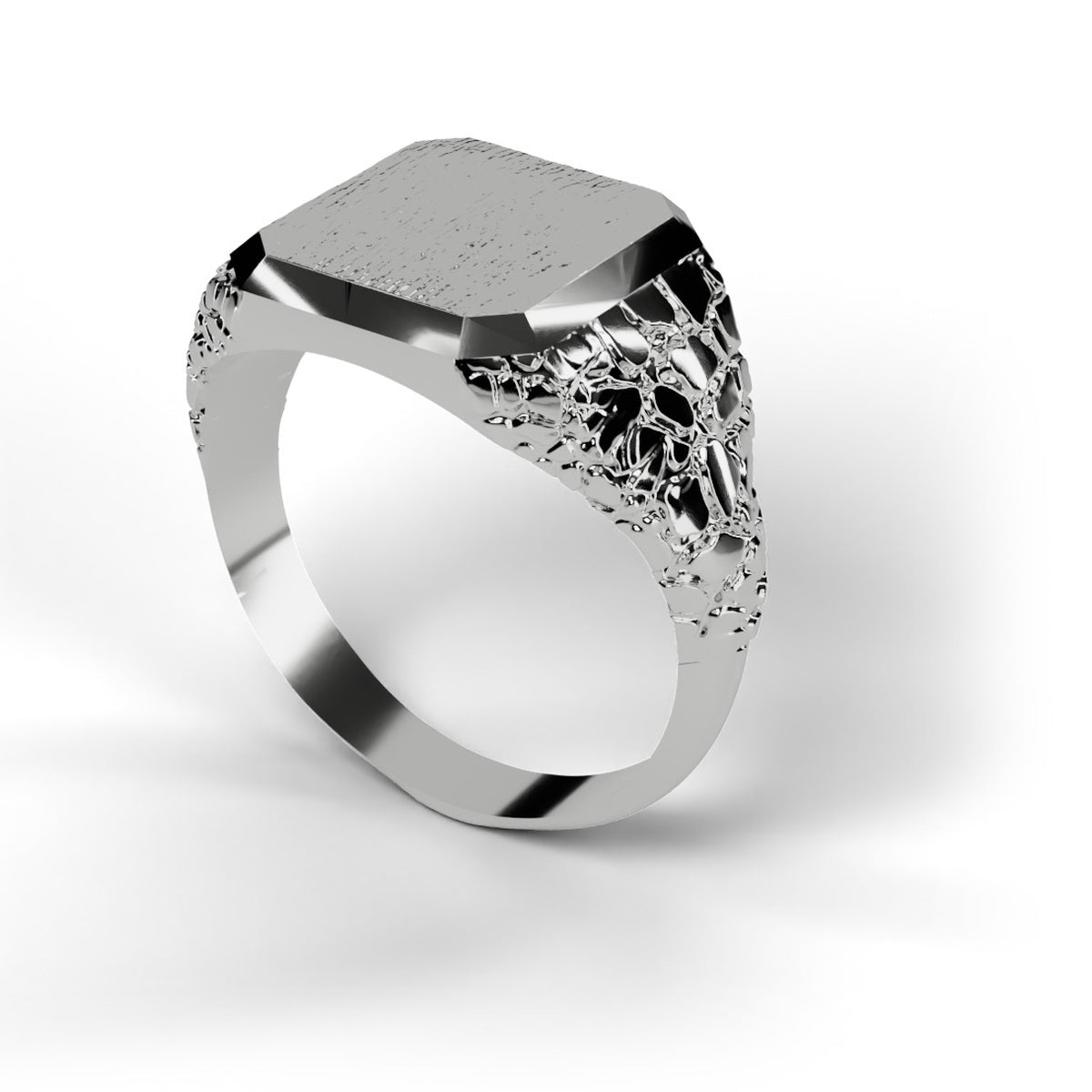 Men's signet nugget ring in 14K white gold, angled view