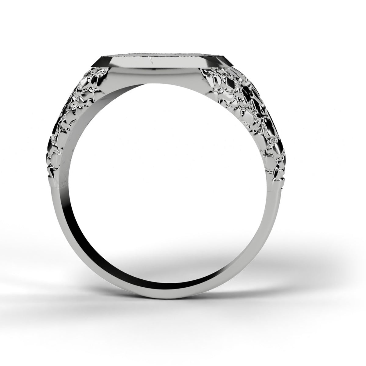 Men's signet nugget ring in 14K white gold, side profile