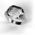 Men's signet nugget ring in 14K white gold, top view of brushed face