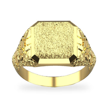 Men's signet nugget ring in 14K yellow gold, angled view