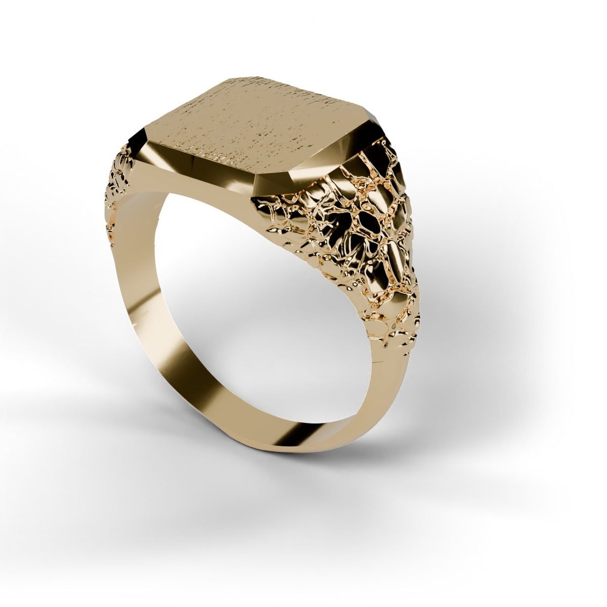 Men's signet nugget ring in 14K yellow gold, angled studio view