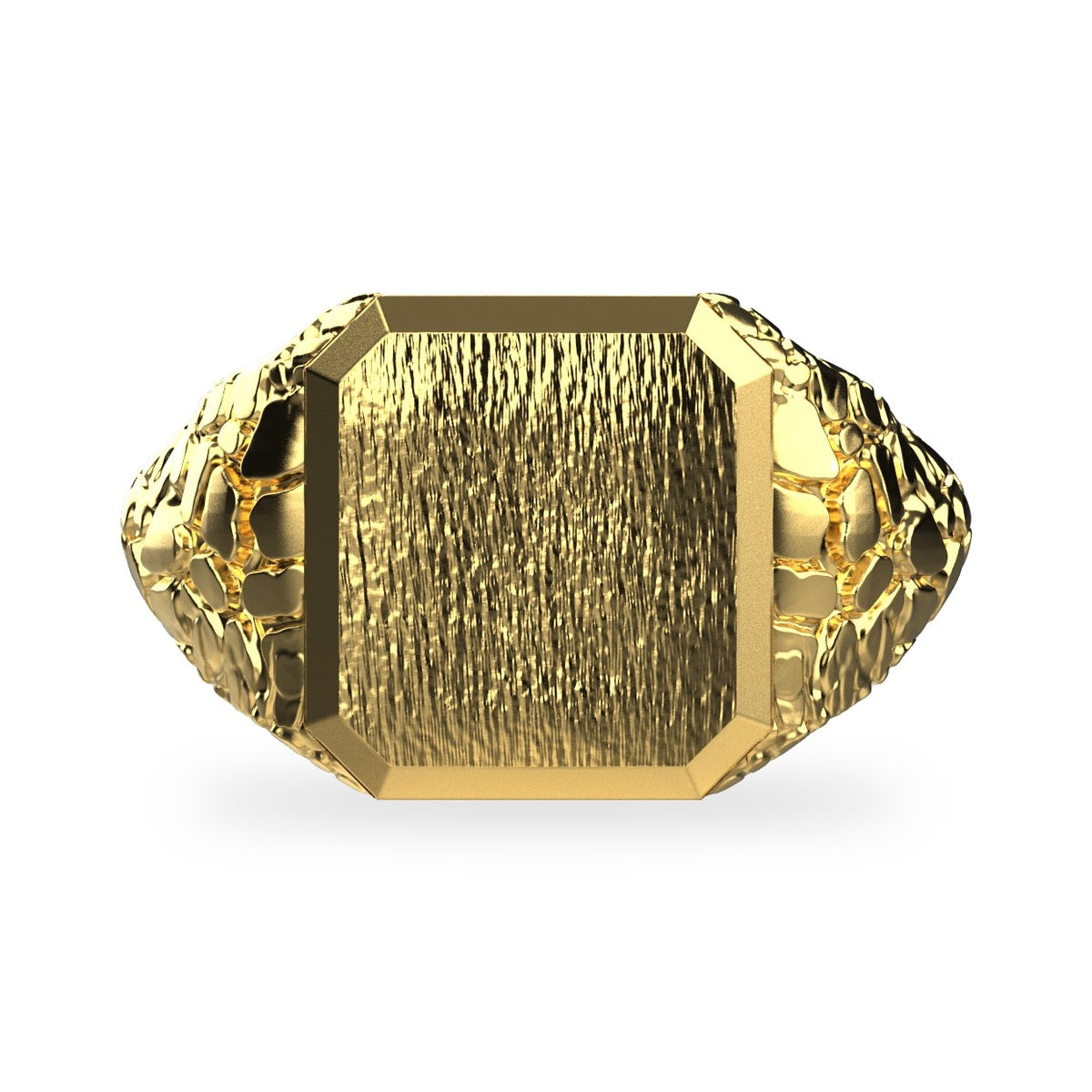 Men's signet nugget ring in 14K yellow gold, top view of brushed face