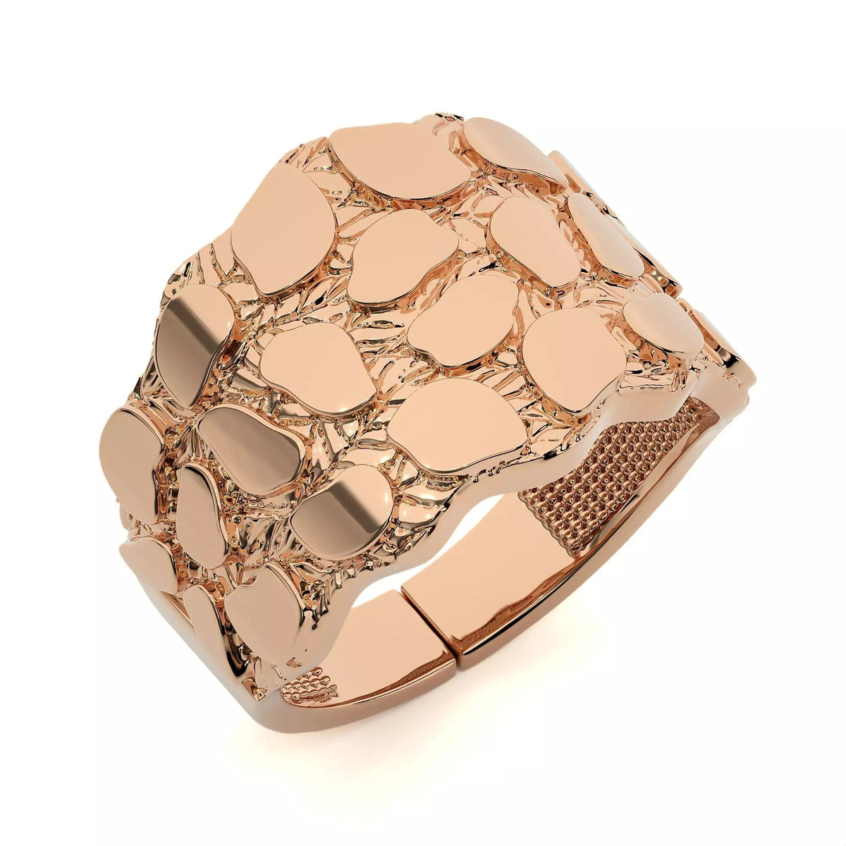 Gold nugget ring in rose gold, angled view