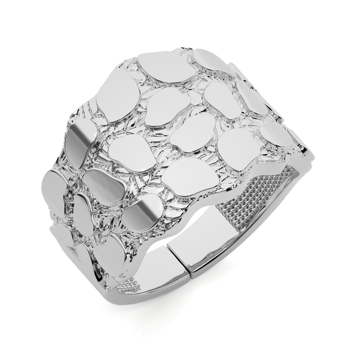 Gold nugget ring in white gold, angled view