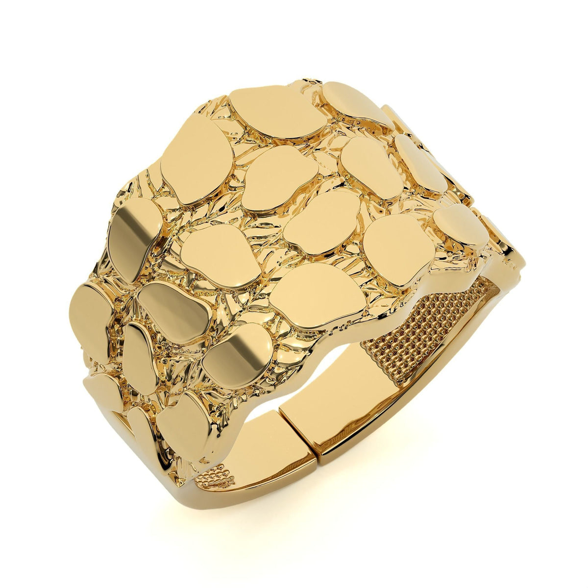 Gold nugget ring in yellow gold, angled view