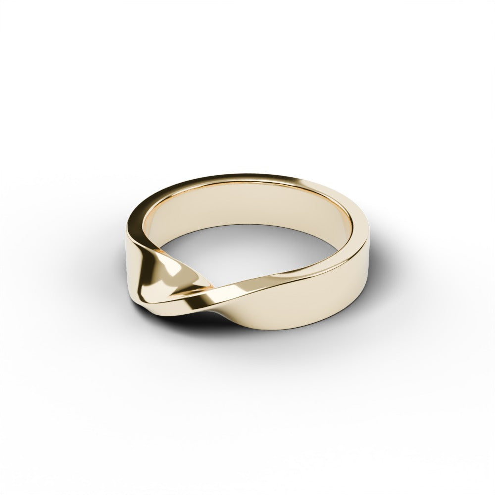 Men's Mobius wedding ring in 18k yellow gold, angled view