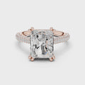 3 carat radiant cut hidden halo engagement ring in rose gold, 360° view