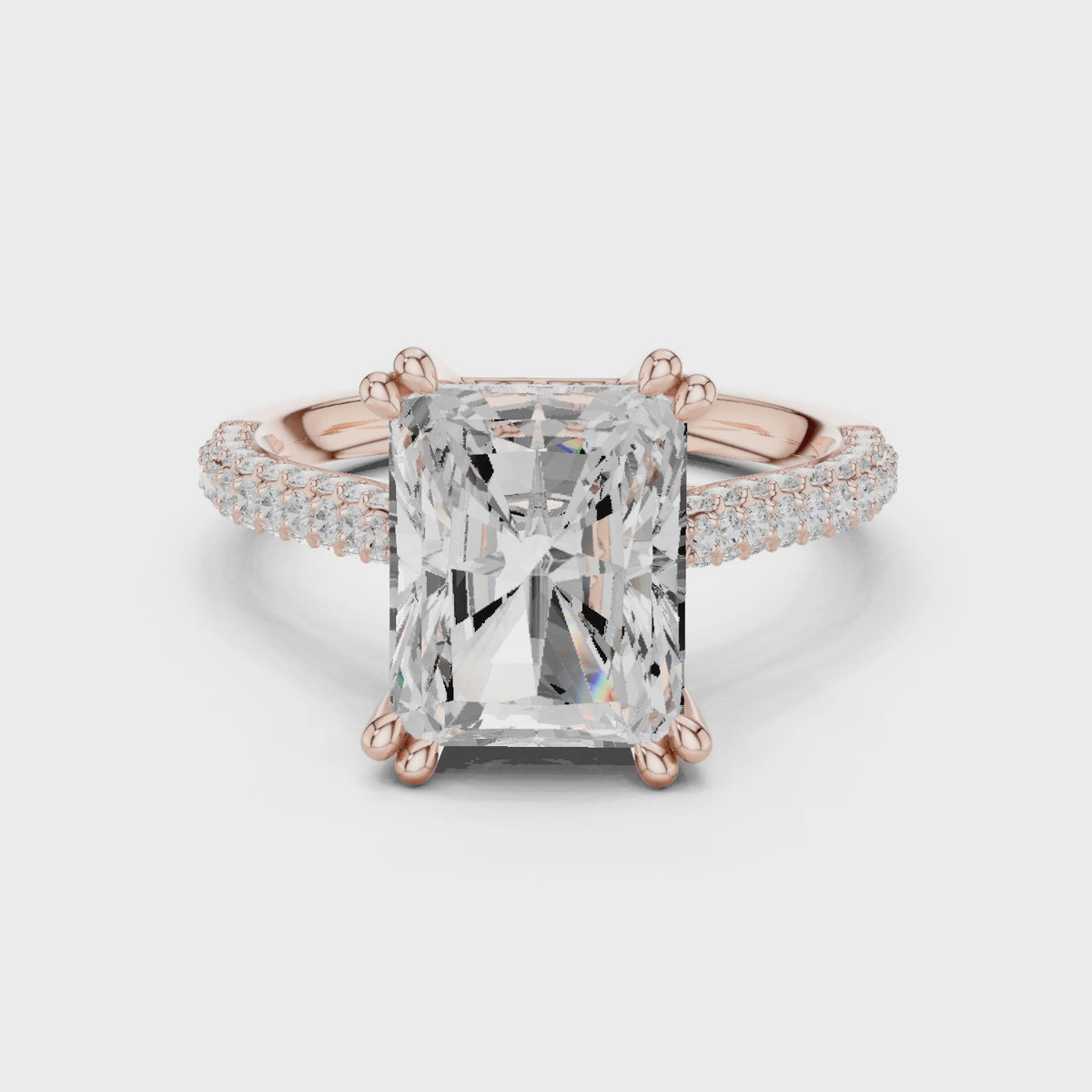 3 carat radiant cut hidden halo engagement ring in rose gold, 360° view
