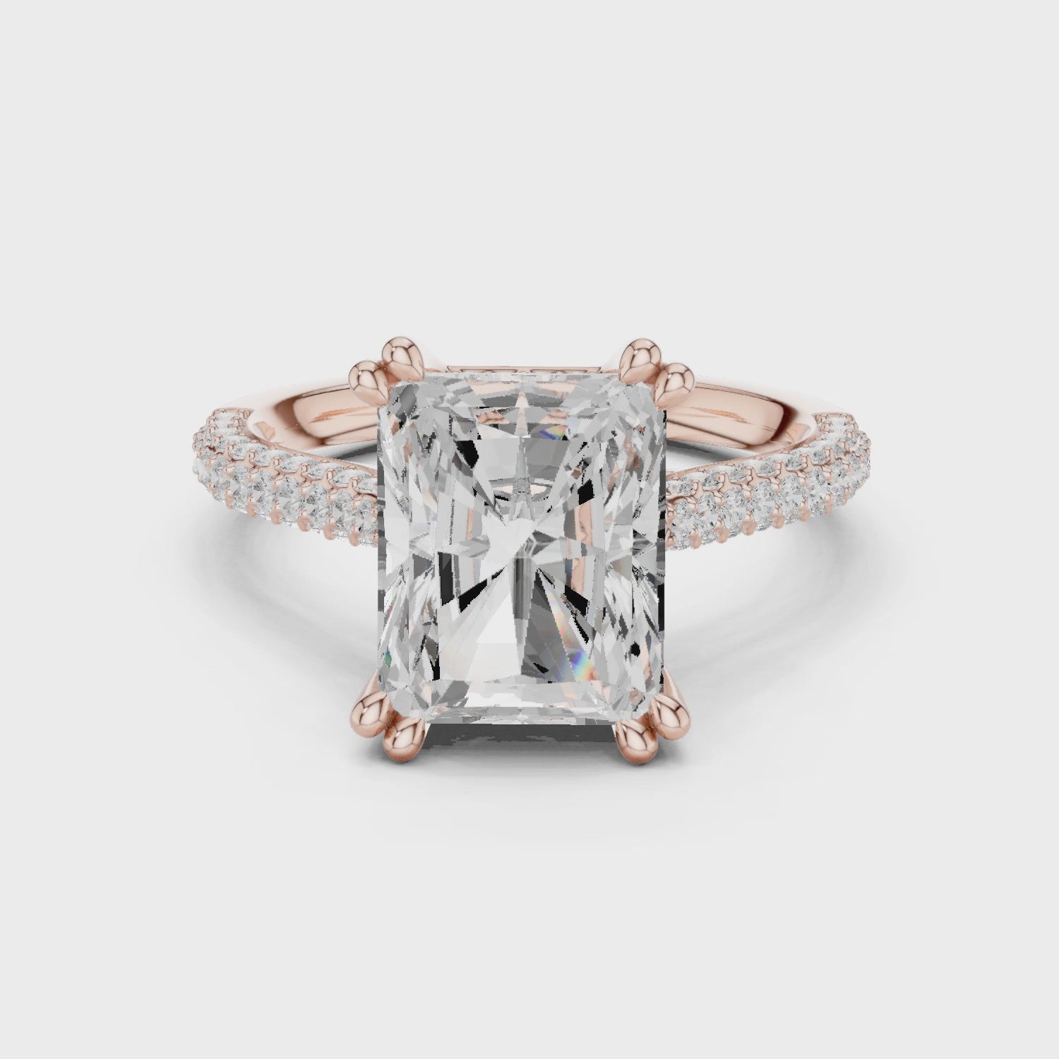 3 carat radiant cut hidden halo engagement ring in rose gold, 360° view