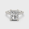 3 carat radiant cut hidden halo engagement ring in white gold, 360° view
