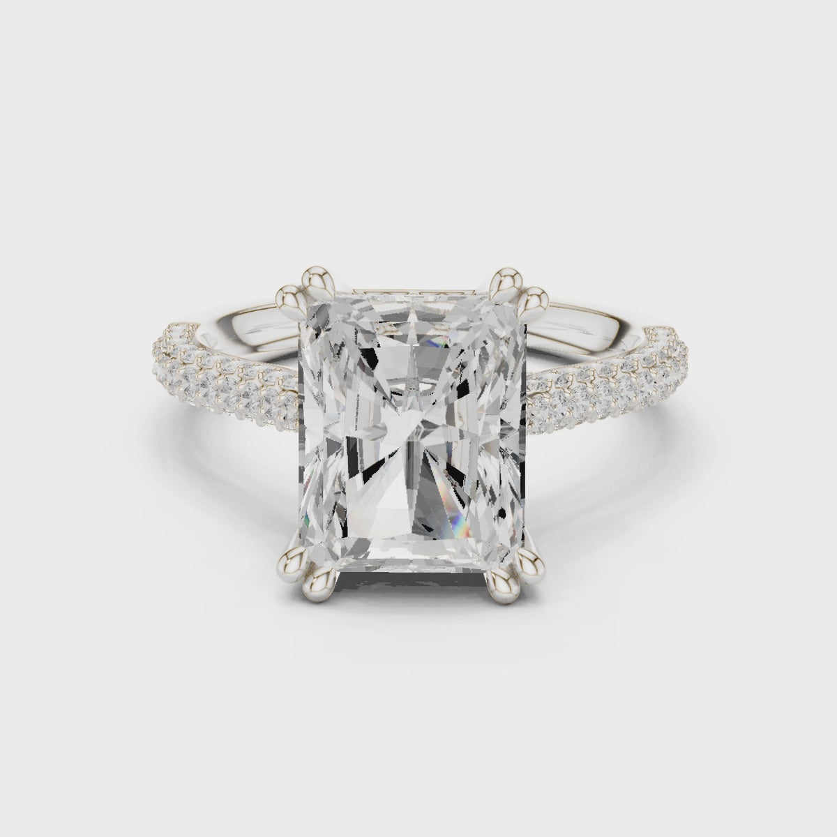 3 carat radiant cut hidden halo engagement ring in white gold, 360° view
