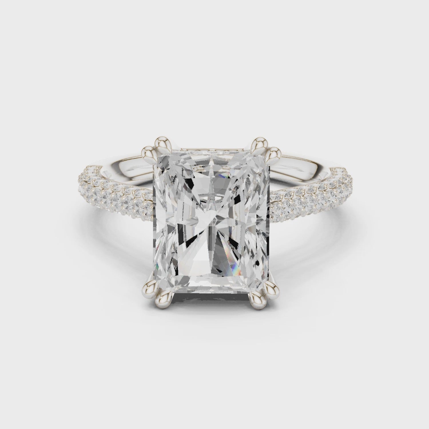 3 carat radiant cut hidden halo engagement ring in white gold, 360° view