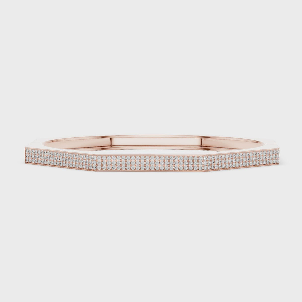 Octagon pavé diamond bangle bracelet in rose gold, 360° view