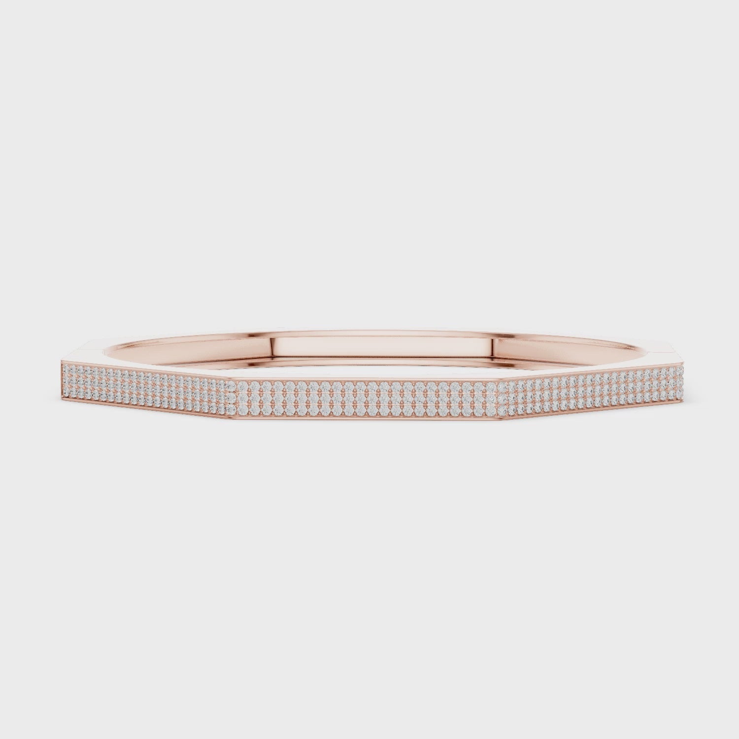 Octagon pavé diamond bangle bracelet in rose gold, 360° view