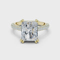3 carat radiant cut hidden halo engagement ring in yellow gold, 360° view