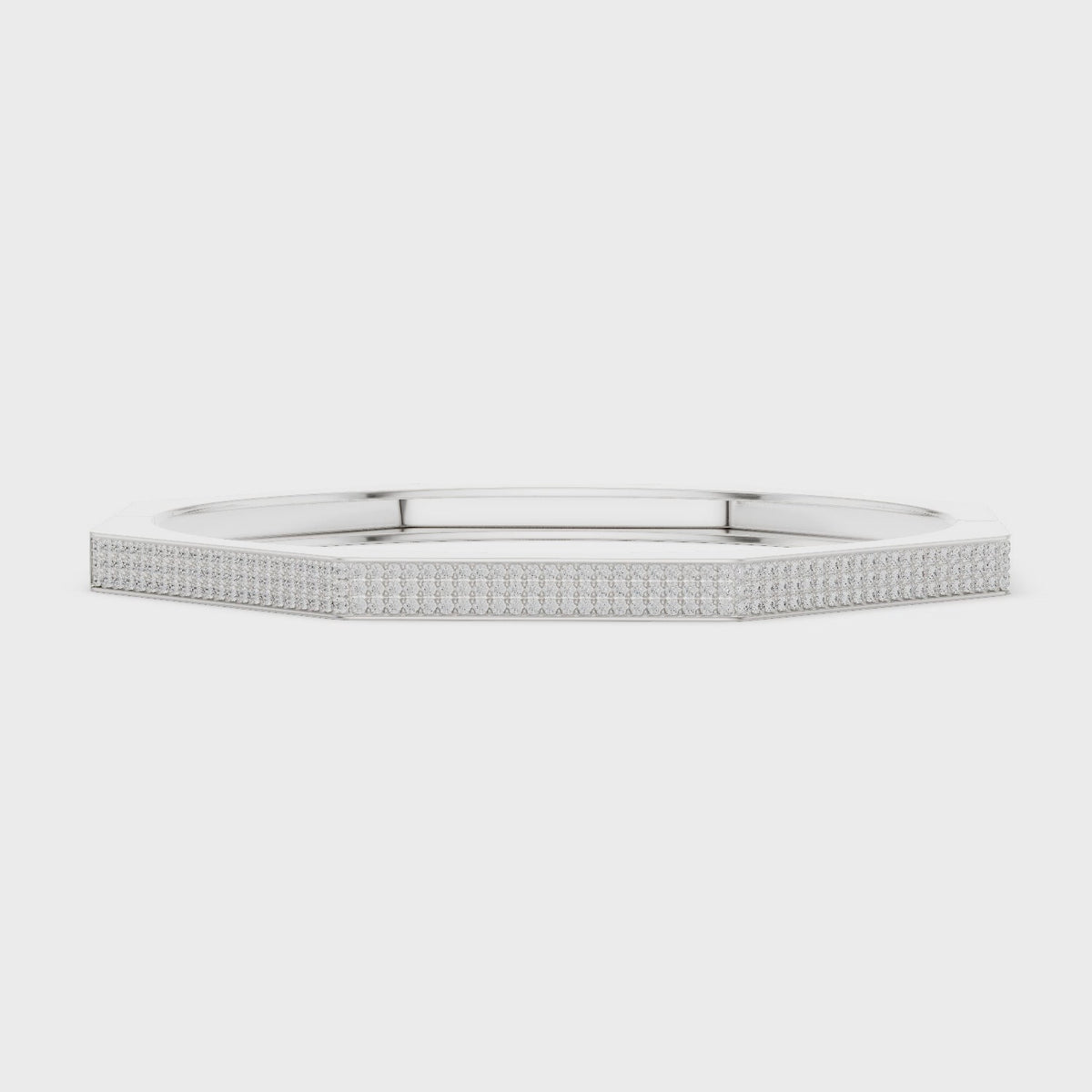 Octagon pavé diamond bangle bracelet in white gold, 360° view