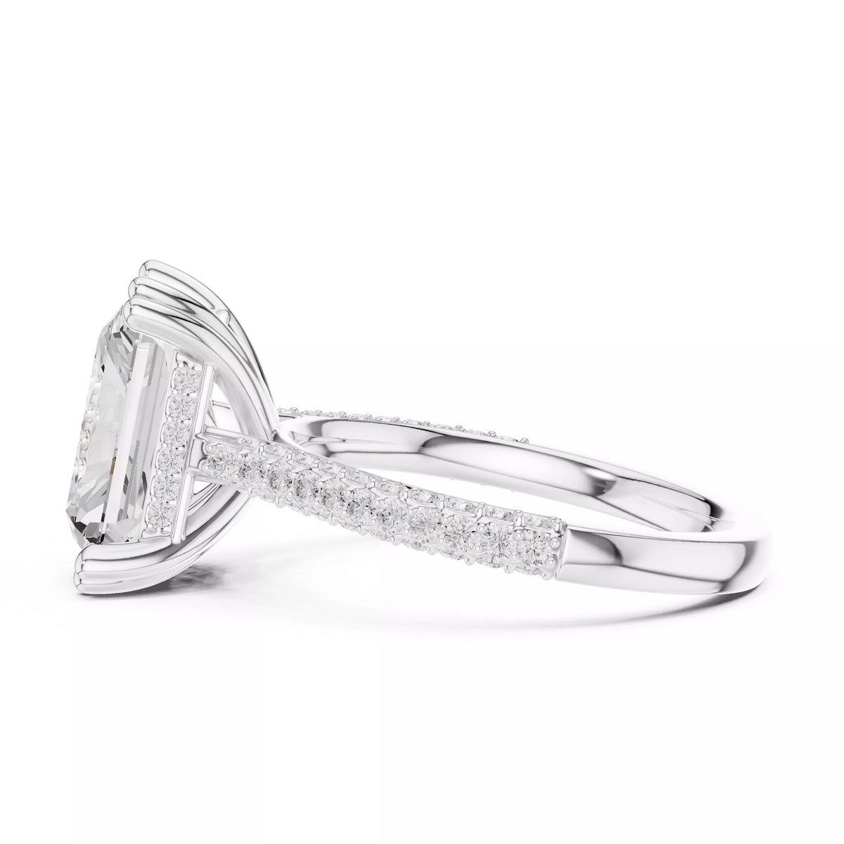 3 carat radiant cut hidden halo engagement ring in white gold, side view