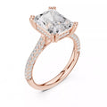 3 carat radiant cut hidden halo engagement ring in rose gold, 3/4 view