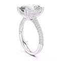 3 carat radiant cut hidden halo engagement ring in white gold, angled view