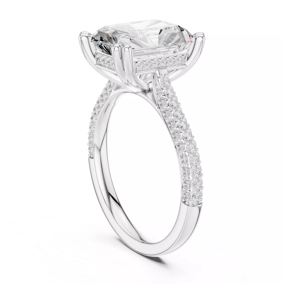 3 carat radiant cut hidden halo engagement ring in white gold, angled view